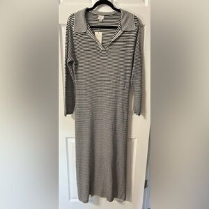 Long Sleeved Collared Striped Black & White Wool Blend Lined Women’s Maxi Dress